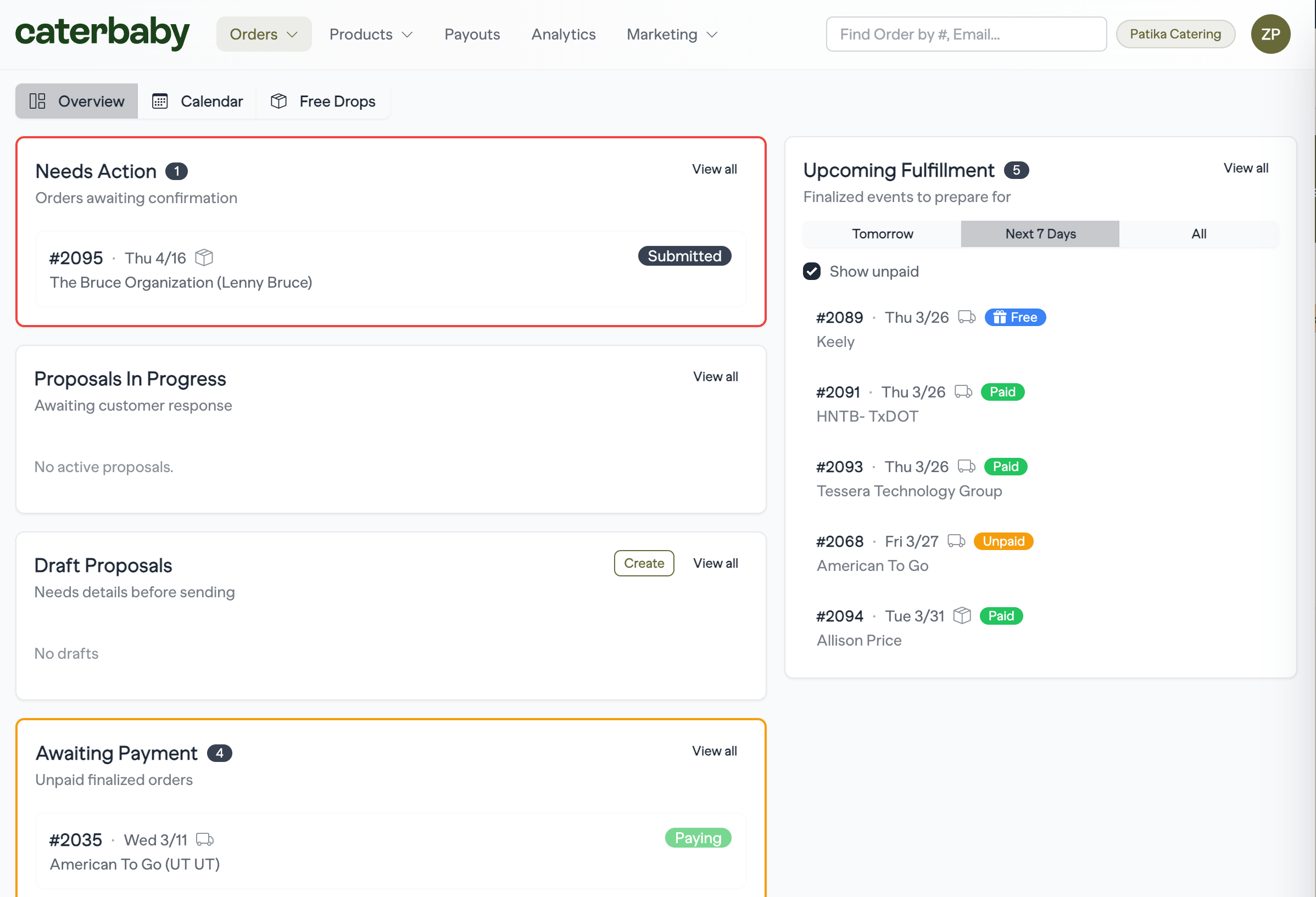 Caterbaby order management dashboard